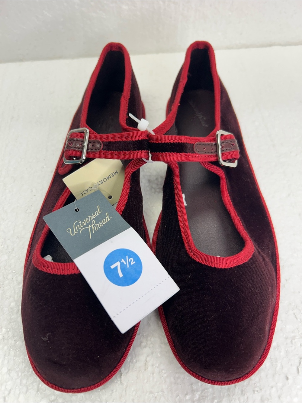 Universal Thread Women's Velvet Mary Jane Flats in Deep Burgundy with Red Trim